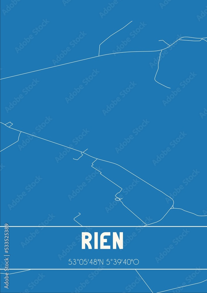 Blueprint of the map of Rien located in Fryslan the Netherlands.