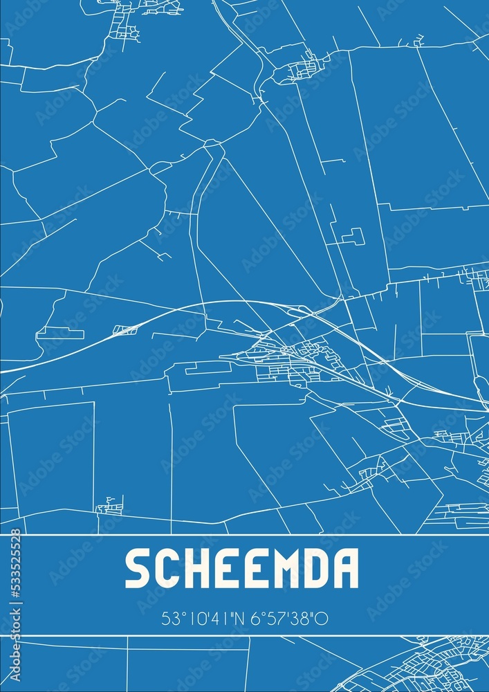 Blueprint of the map of Scheemda located in Groningen the Netherlands.