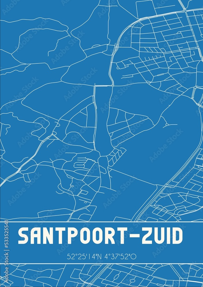 Blueprint of the map of Santpoort-Zuid located in Noord-Holland the Netherlands.