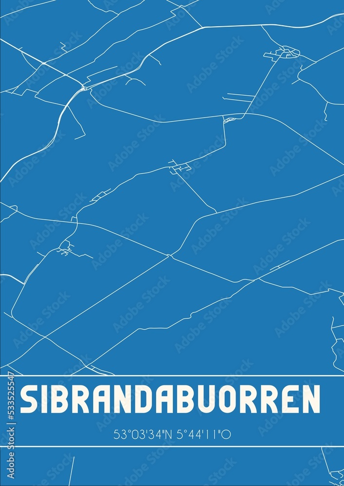 Blueprint of the map of Sibrandabuorren located in Fryslan the Netherlands.