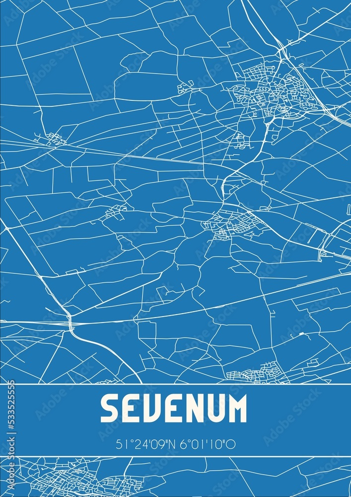 Blueprint of the map of Sevenum located in Limburg the Netherlands.