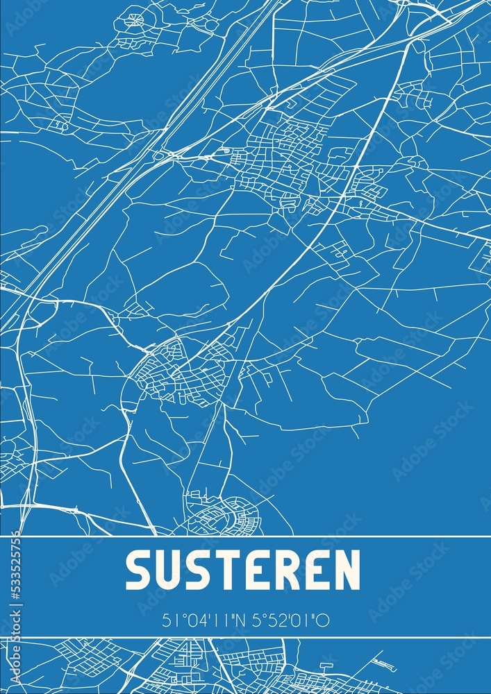 Blueprint of the map of Susteren located in Limburg the Netherlands.