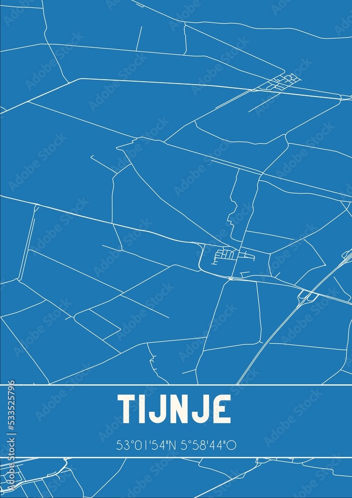 Blueprint of the map of Tijnje located in Fryslan the Netherlands.