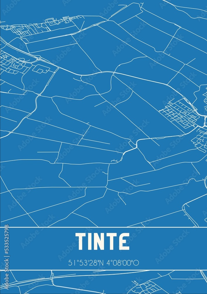 Blueprint of the map of Tinte located in Zuid-Holland the Netherlands.