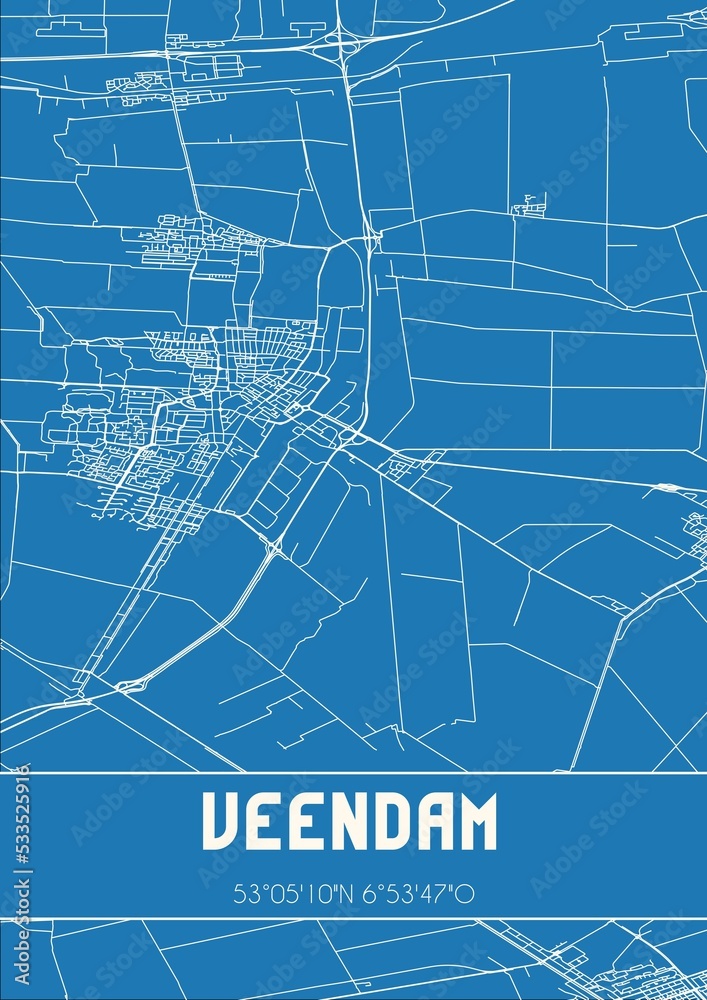 Blueprint of the map of Veendam located in Groningen the Netherlands.