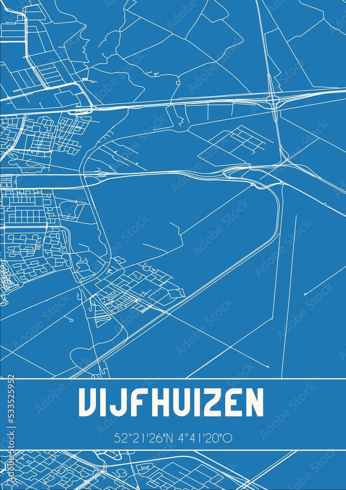 Blueprint of the map of Vijfhuizen located in Noord-Holland the Netherlands.