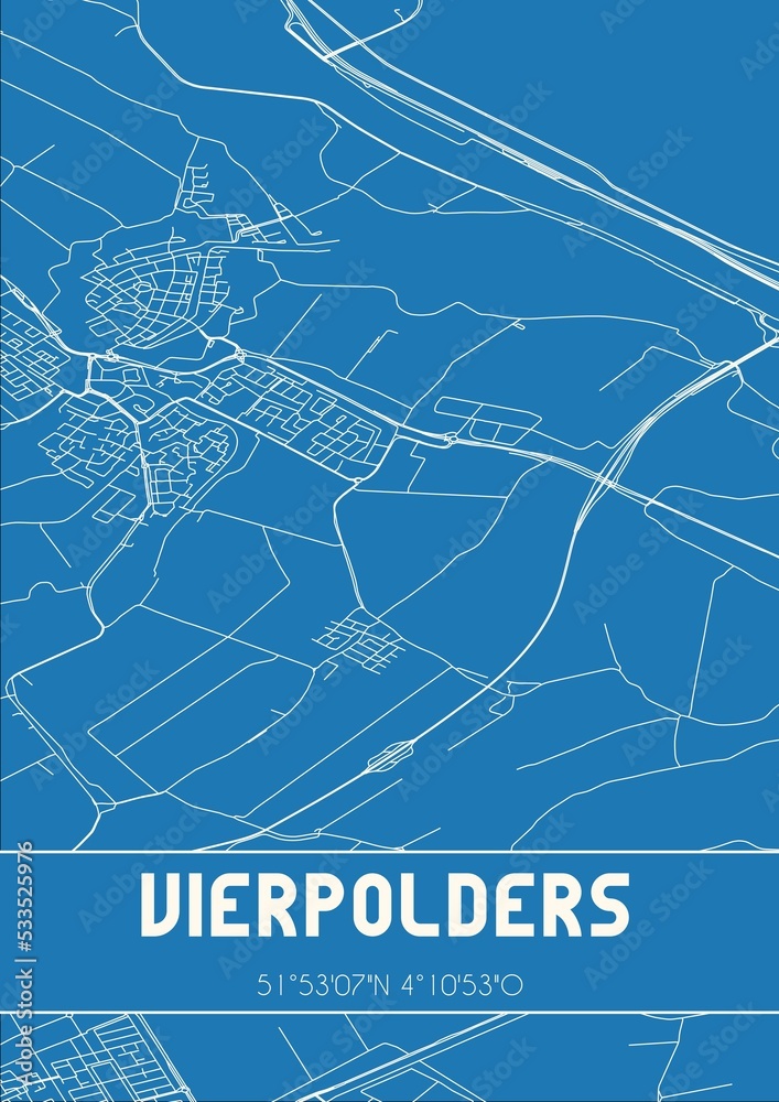 Blueprint of the map of Vierpolders located in Zuid-Holland the Netherlands.