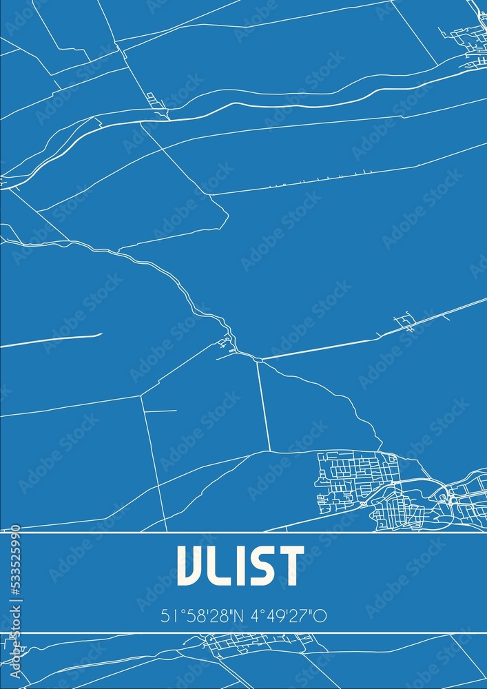 Blueprint of the map of Vlist located in Zuid-Holland the Netherlands.