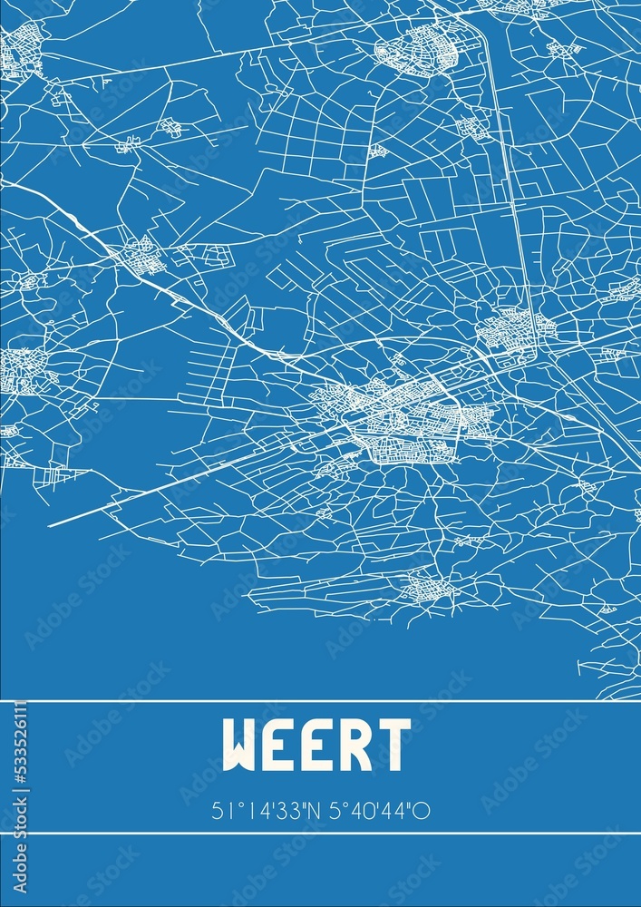 Blueprint of the map of Weert located in Limburg the Netherlands.