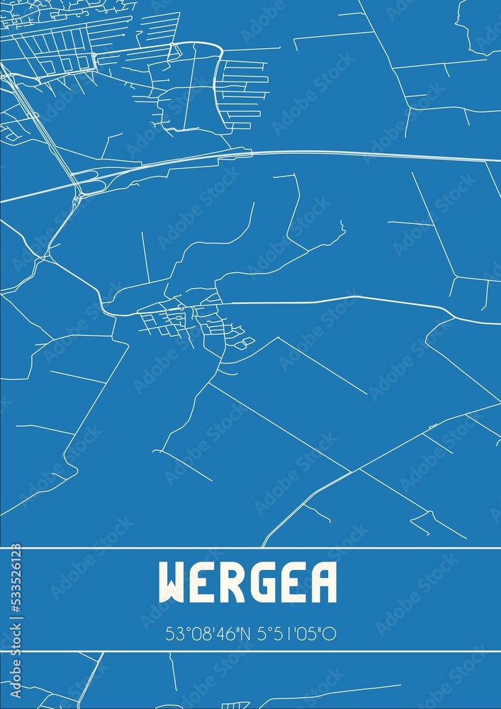 Blueprint of the map of Wergea located in Fryslan the Netherlands.