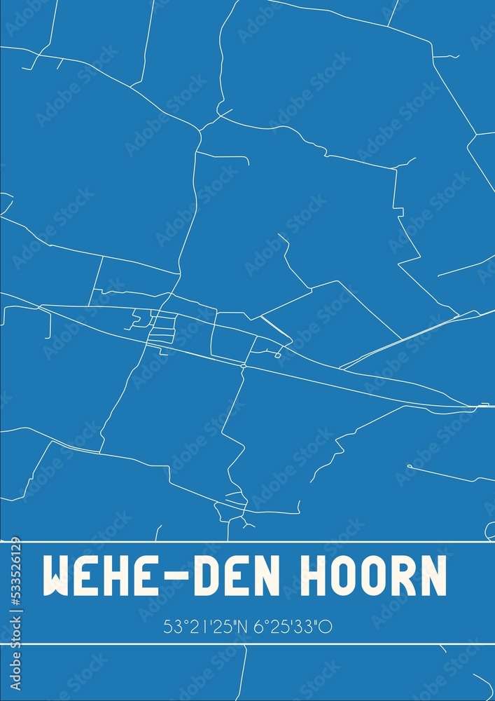 Blueprint of the map of Wehe-den Hoorn located in Groningen the Netherlands.