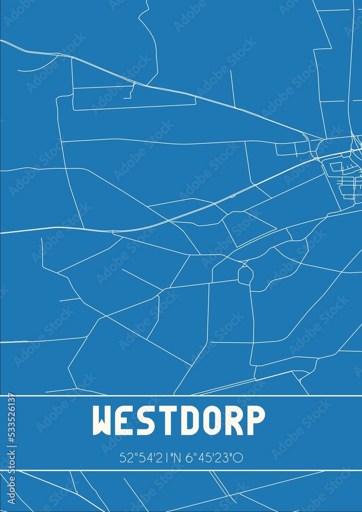 Blueprint of the map of Westdorp located in Drenthe the Netherlands.