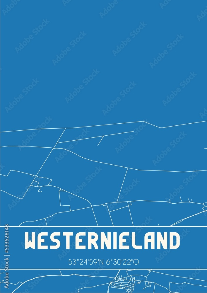 Blueprint of the map of Westernieland located in Groningen the Netherlands.