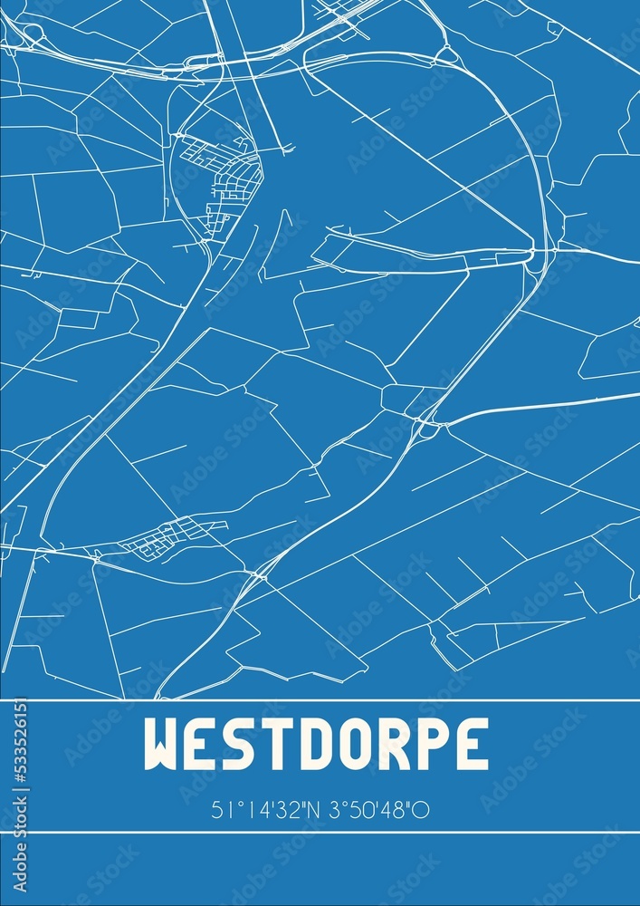 Blueprint of the map of Westdorpe located in Zeeland the Netherlands.