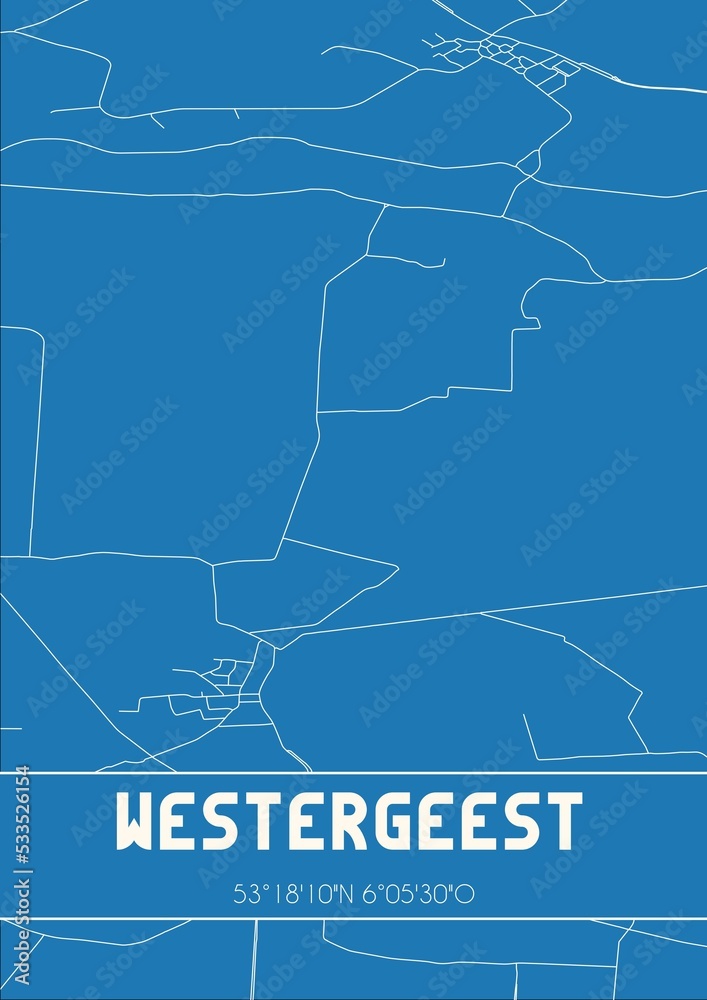 Blueprint of the map of Westergeest located in Fryslan the Netherlands.