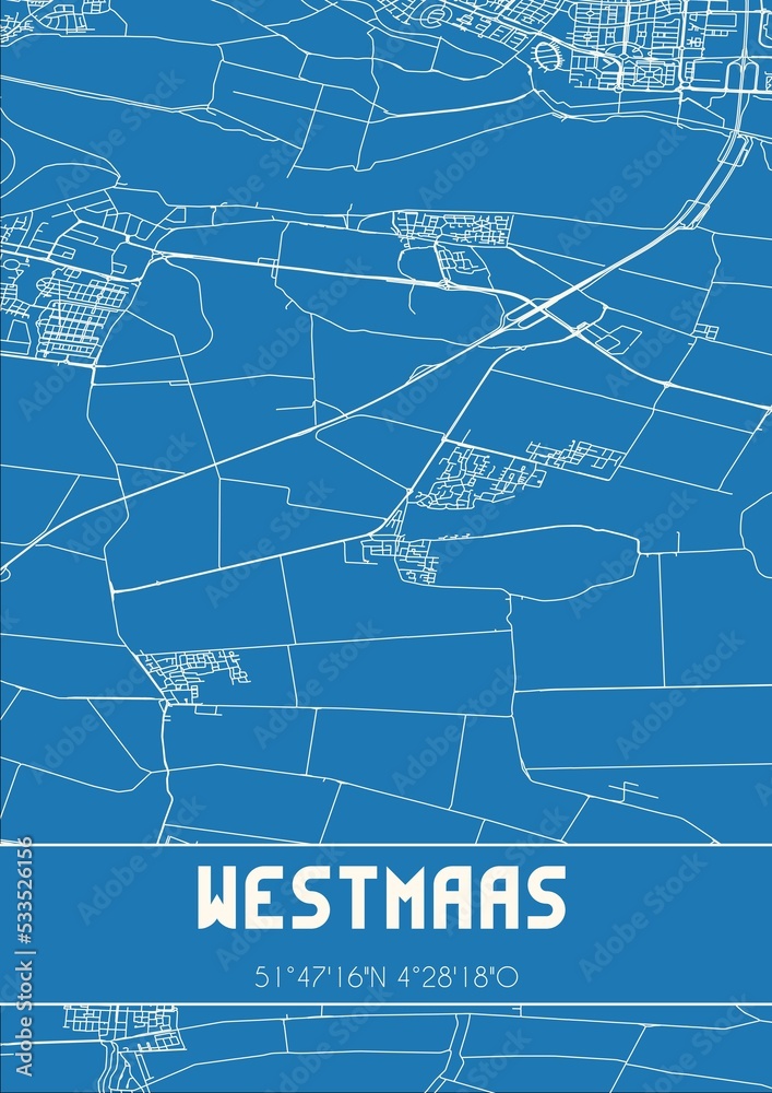 Blueprint of the map of Westmaas located in Zuid-Holland the Netherlands.
