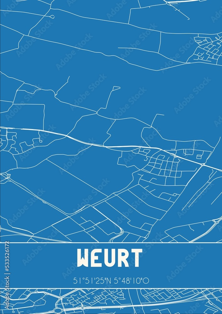 Blueprint of the map of Weurt located in Gelderland the Netherlands.