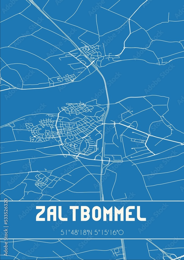 Blueprint of the map of Zaltbommel located in Gelderland the Netherlands.