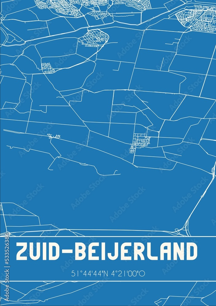 Blueprint of the map of Zuid-Beijerland located in Zuid-Holland the Netherlands.