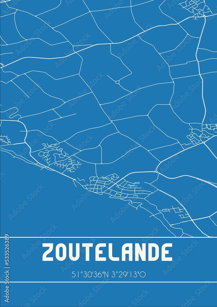 Blueprint of the map of Zoutelande located in Zeeland the Netherlands.
