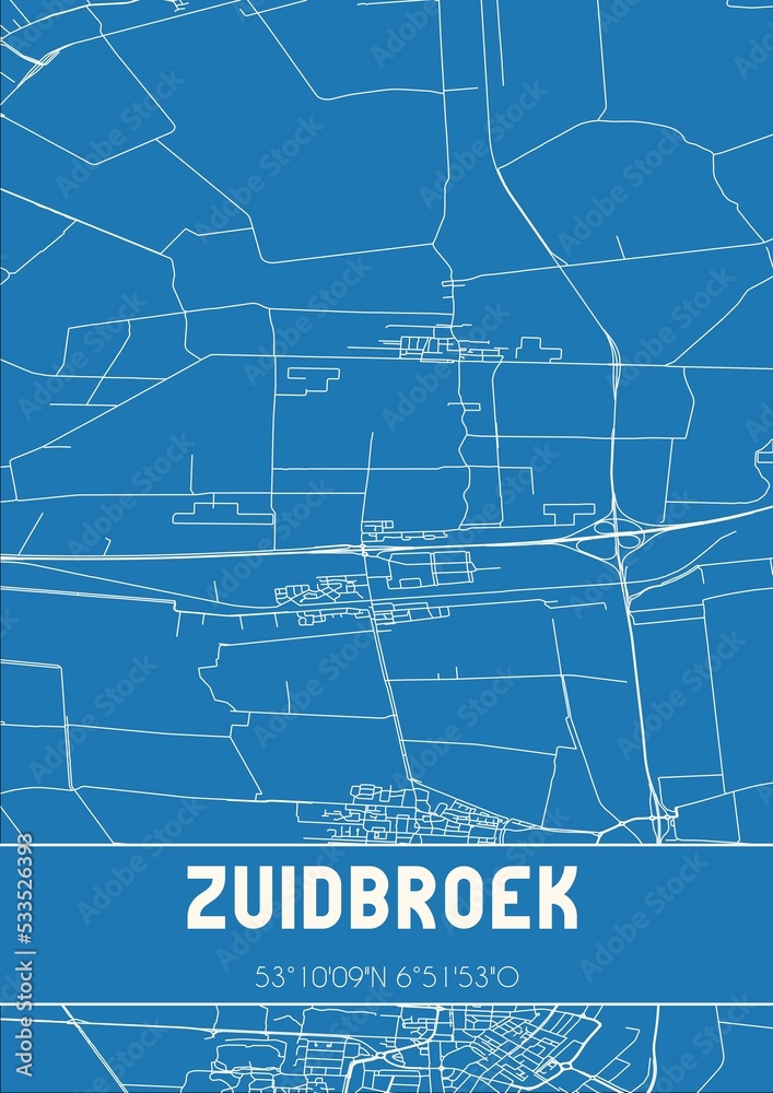 Blueprint of the map of Zuidbroek located in Groningen the Netherlands.