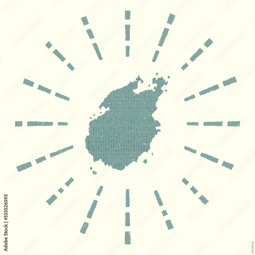 Paros Logo. Grunge sunburst poster with map of the island. Shape of