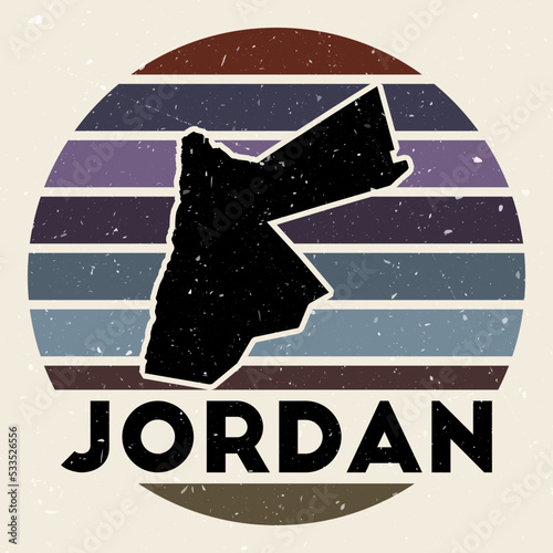 Jordan logo. Sign with the map of the country and colored stripes, vector illustration. Can be used as insignia, logotype, label, sticker, or badge of Jordan.