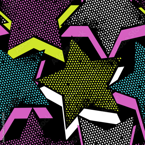 Abstract seamless chaotic pattern with urban geometric elements, scuffed, drops, stars. Grunge neon texture background. Wallpaper for teen girls. Fashion sport style