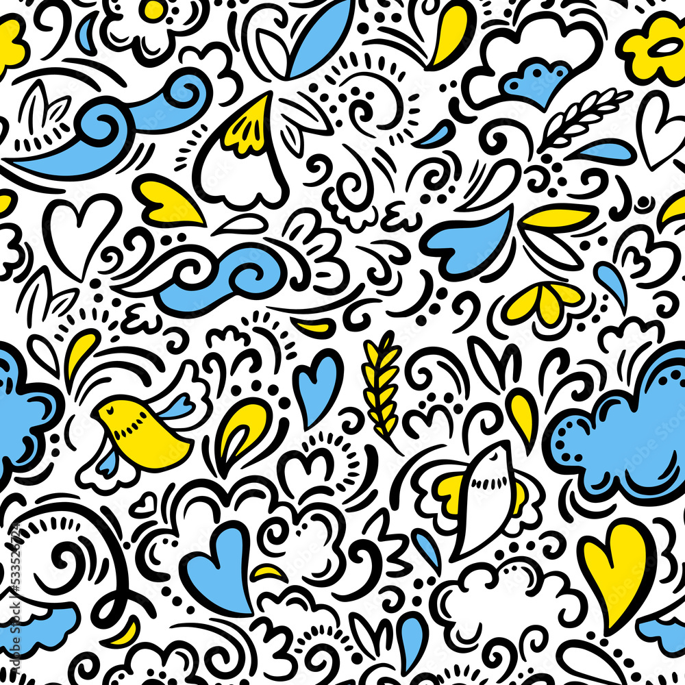 Drawing seamless pattern with abstract symbols Ukraine. Vector wallpaper on white backgraund. Ukrainian national colors