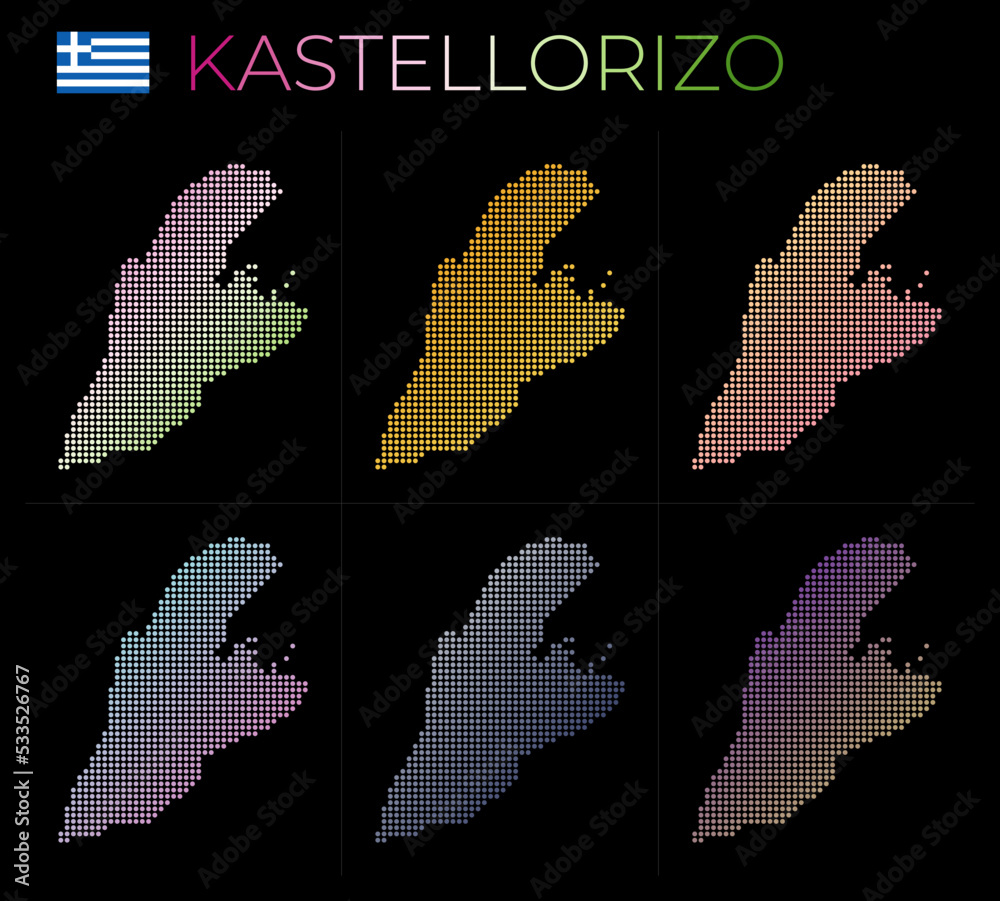 Fototapeta premium Kastellorizo dotted map set. Map of Kastellorizo in dotted style. Borders of the island filled with beautiful smooth gradient circles. Authentic vector illustration.