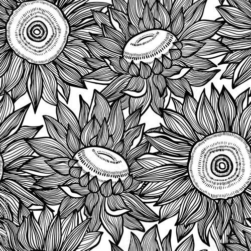 Ukrainian national drawing seamless pattern with sunflower. Vector wallpaper on white backgraund. 