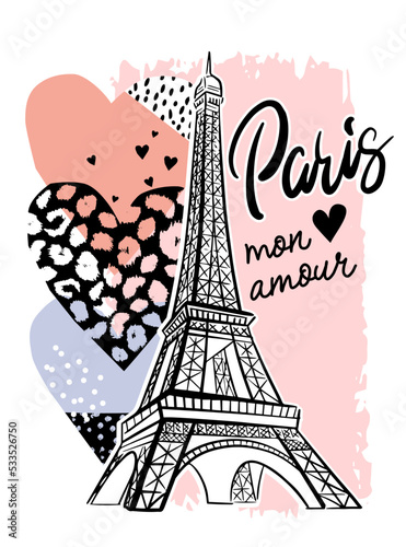 Paris print T-shirts and card. Hand lettering. Design for girls. Fashion illustration drawing in modern style. Girlish print with Eiffel Tower