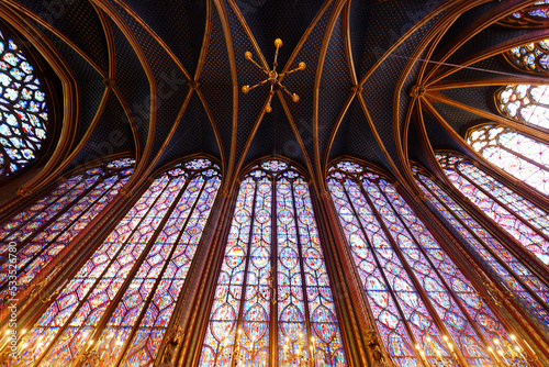 Stained glass windows inside the Sainte Chapelle a royal Medieval chapel in Paris.