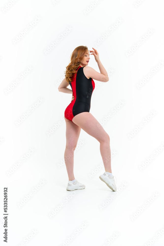 model size posing bodysuit on white background