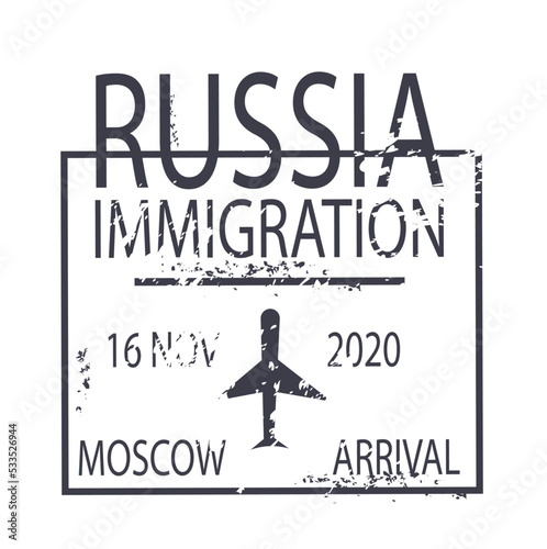 Square black seal. Passport stamp for traveling to Russia with airplane icon. Tourism, vacation and recreation, visa and legislation. International interaction. Cartoon flat vector illustration