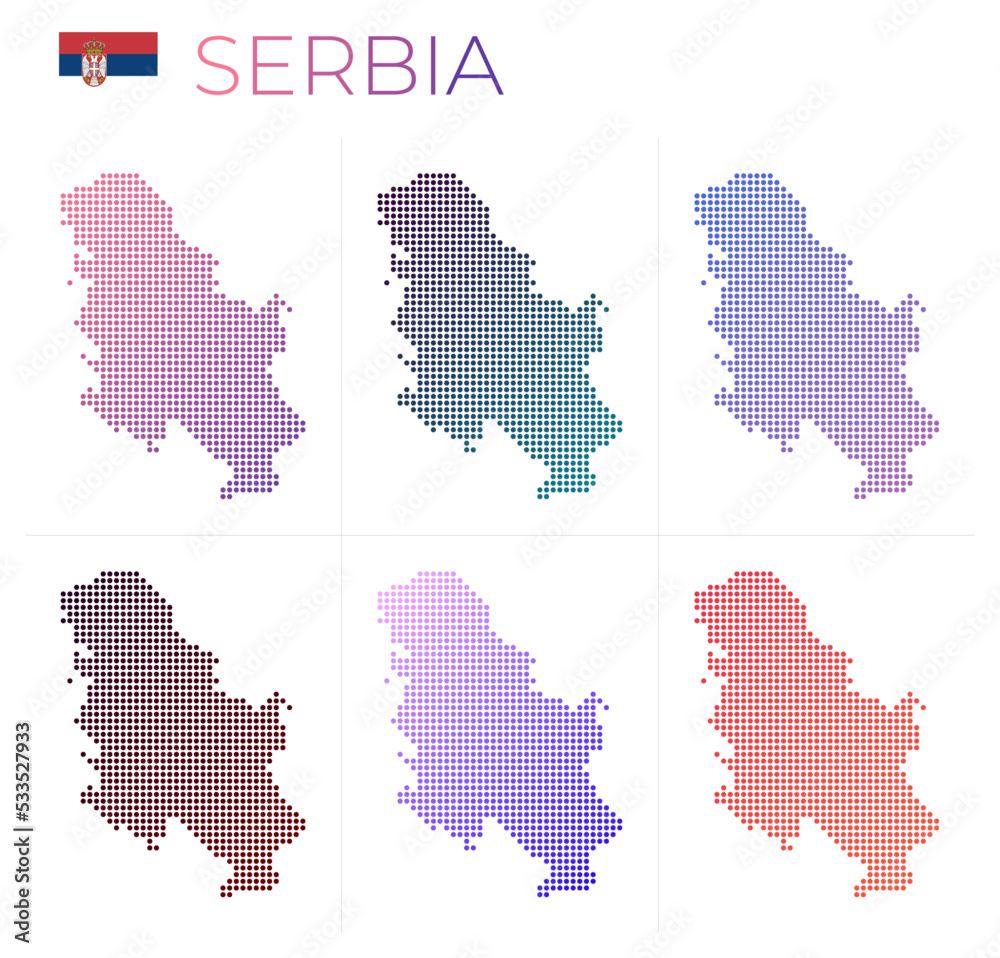 Serbia dotted map set. Map of Serbia in dotted style. Borders of the country filled with beautiful smooth gradient circles. Stylish vector illustration.