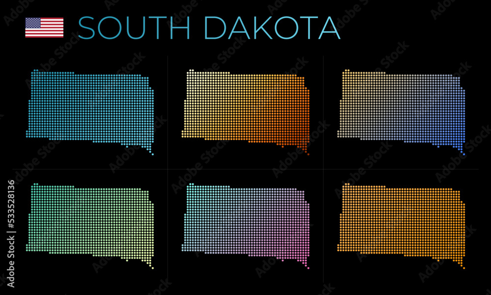 South Dakota dotted map set. Map of South Dakota in dotted style. Borders of the us state filled with beautiful smooth gradient circles. Cool vector illustration.
