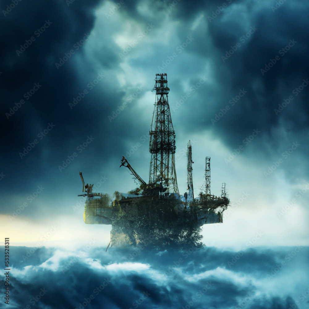 Digital illustration of oil rig platform in stormy open ocean waters with huge waves crashing in digital art. Steam punk style platform. Concept Art poster design. Fossil fuel energy concept art.