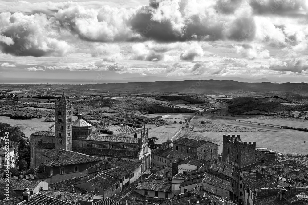 View of the houses and the church from the castle tower of the city of Massa Maritima