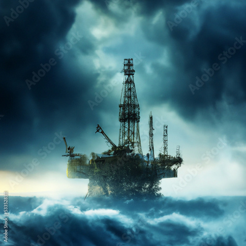 Digital illustration of oil rig platform in stormy open ocean waters with huge waves crashing in digital art. Steam punk style platform. Concept Art poster design. Fossil fuel energy concept art.