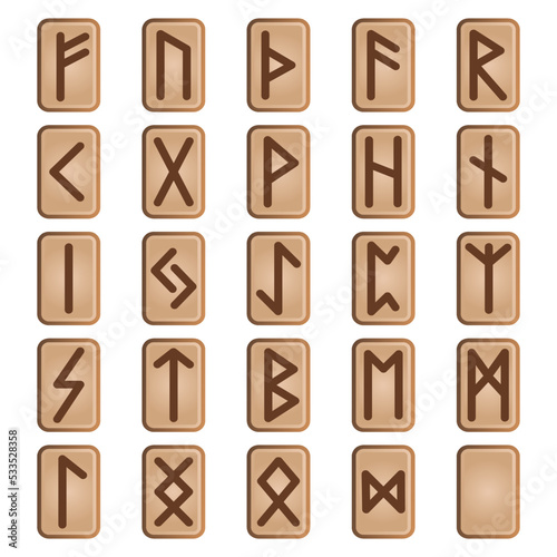 Set of game runes, nordic ancient alphabet, viking celtic futark symbols engraved on wooden pieces. Esoteric occult signs, mystic ui or gui design elements, isolated cartoon vector illustration