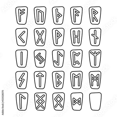 Viking runes, elder futhark alphabet. Retro norse scandinavian runes. Sketch celtic ancient letters. Old hieroglyphic occult set icons. Medieval viking symbols. Vector isolated