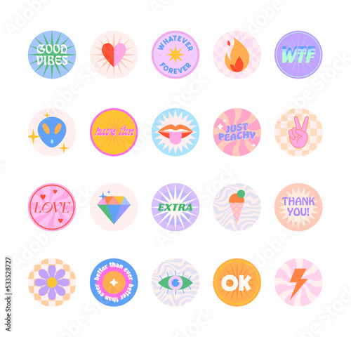 Bundle of insta highlights covers in 90s style.Fun cute patches and stickers.Modern IG icons or symbols in y2k aesthetic with text.Trendy groovy designs for social media marketing.