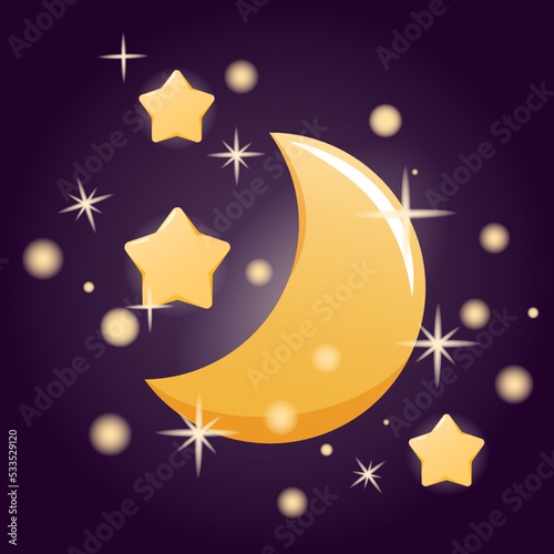 Moon and cute chubby stars in cartoon style