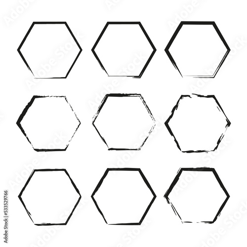 Retro brush hexagons. Brush texture. Circle frame set. Grunge texture background. Vector illustration. Stock image.