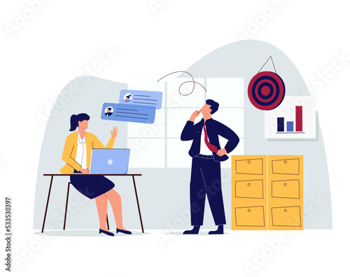 Digital Marketing illustration. Business Concept, . Men and women taking part in business activities. Team communication