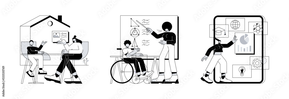 Private schooling curriculum abstract concept vector illustration set. Homeschooling, inclusive education, learning management system, online tutor, individual plan, mobile device abstract metaphor. Private schooling curriculum abstract concept vector illustration set. Homeschooling, inclusive education, learning management system, online tutor, individual plan, mobile device abstract metaphor.