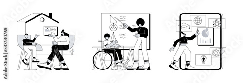 Private schooling curriculum abstract concept vector illustration set. Homeschooling, inclusive education, learning management system, online tutor, individual plan, mobile device abstract metaphor.