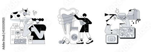 Healthy nutrition abstract concept vector illustration set. Dairy products, uses of calcium, kids lunch box, healthy snack, food processing, strong bones and teeth, parent care abstract metaphor.