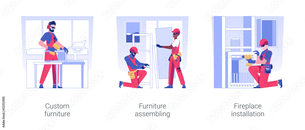 Interior decoration isolated concept vector illustration set. Custom furniture assembling, fireplace installation, professional carpenter services, interior design industry vector cartoon.